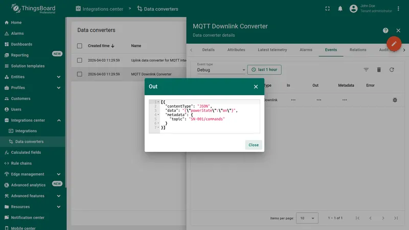 Outgoing MQTT payload with topic SN-001/commands and JSON data