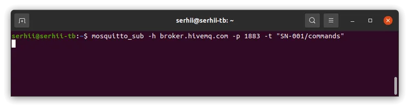 Terminal with mosquitto_sub command for subscribing to device commands topic