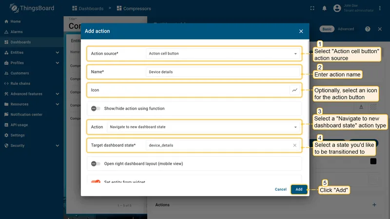 Configure Navigate to new dashboard state action