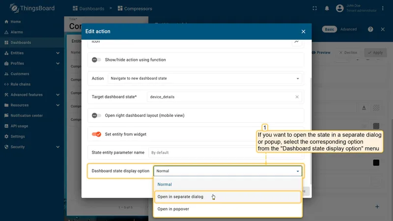 Dashboard state display option dropdown