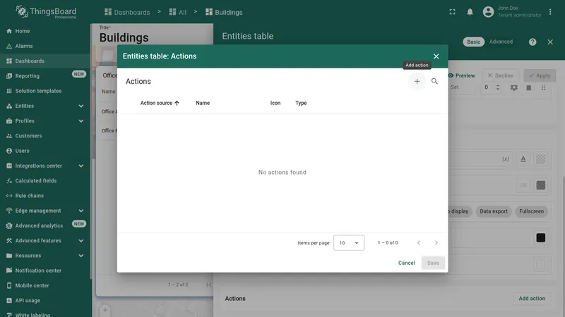 Actions dialog with the add (plus) button for creating a new action