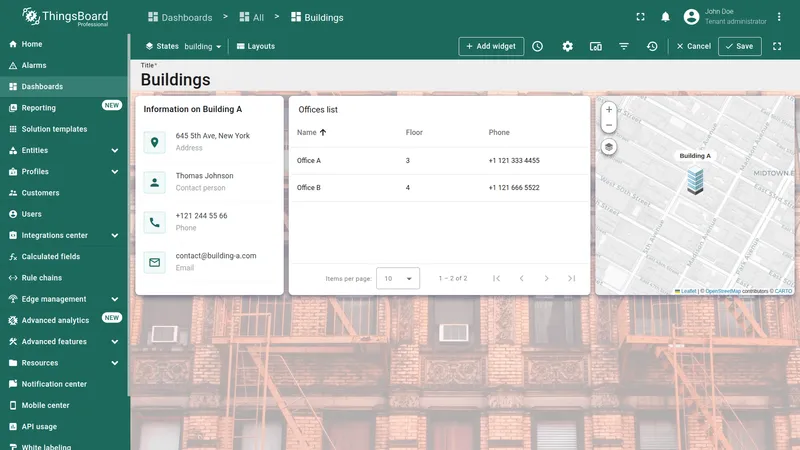 Dashboard in edit mode with Offices list widget and Save button highlighted