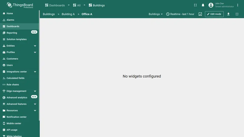 Office A state opened with breadcrumb showing Buildings > Building A > Office A and no widgets configured