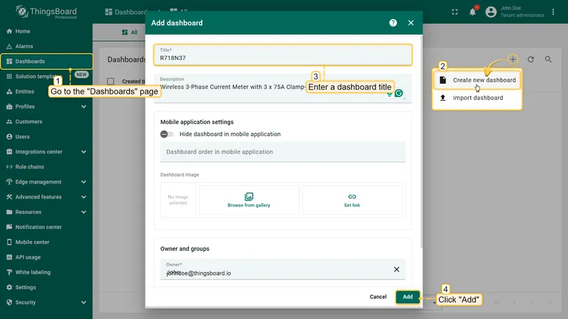 ThingsBoard Dashboards page with Create new dashboard dialog