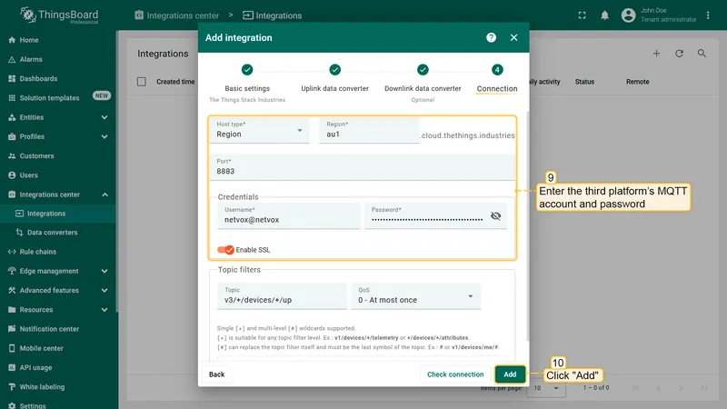 Integration connection settings with MQTT credentials and Add button
