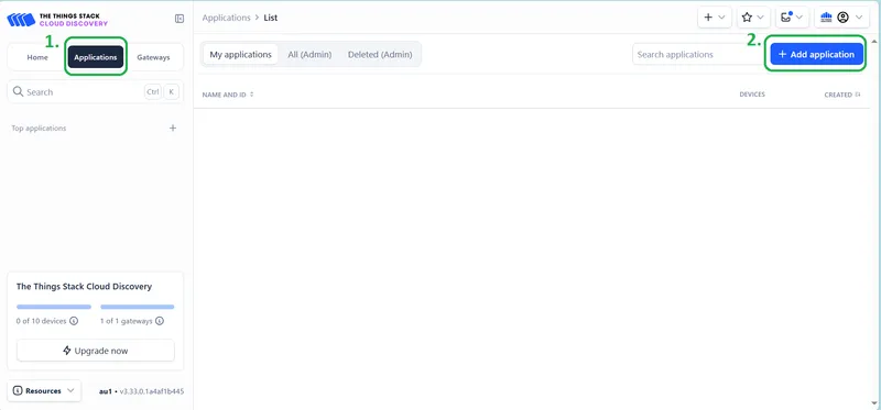 The Things Stack Applications page with Add applications button