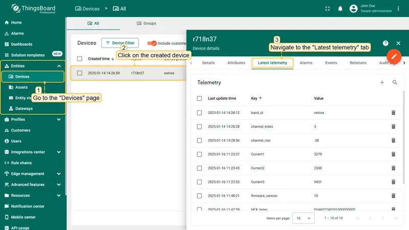 ThingsBoard Devices page with Latest telemetry tab showing Netvox data