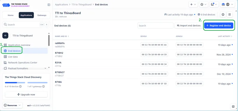 End devices page with Register end device button