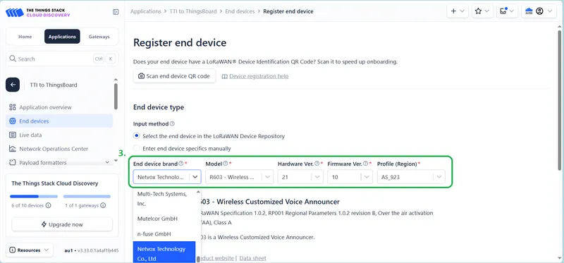 Register end device form with brand, model, and frequency fields