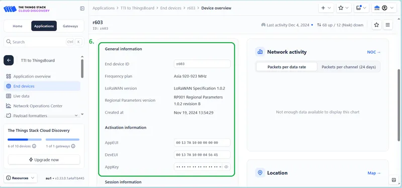 Successfully registered end device details page