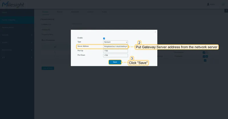 Put into "**Server address**" from the network server. Click "**Save**" button.