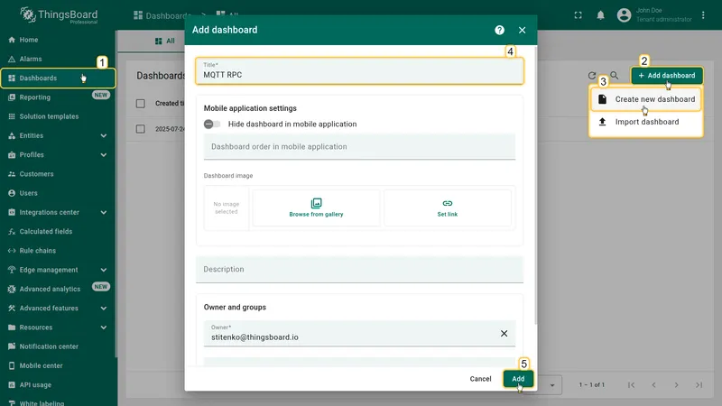 Dashboards page — creating a new dashboard named MQTT RPC