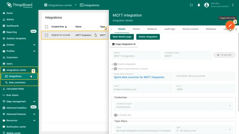 MQTT Integration details page — Downlink data converter field is empty, Toggle edit mode button visible