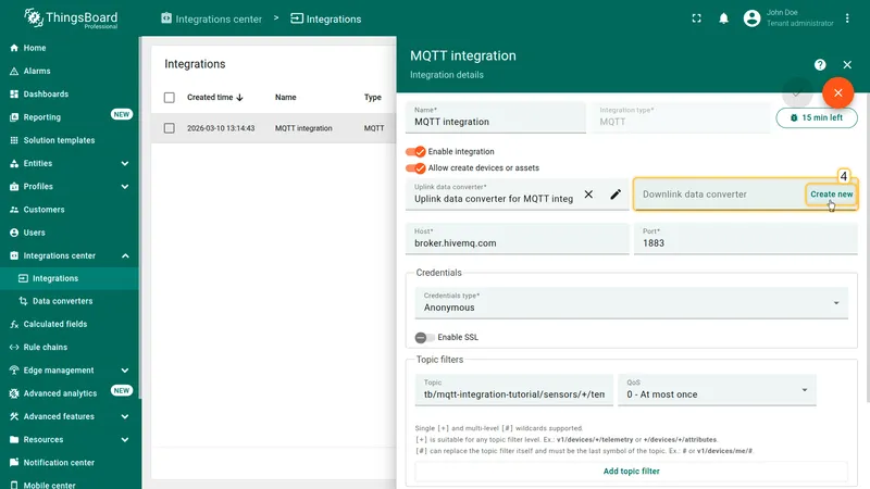 MQTT Integration in edit mode — Downlink data converter section expanded, Create new button highlighted