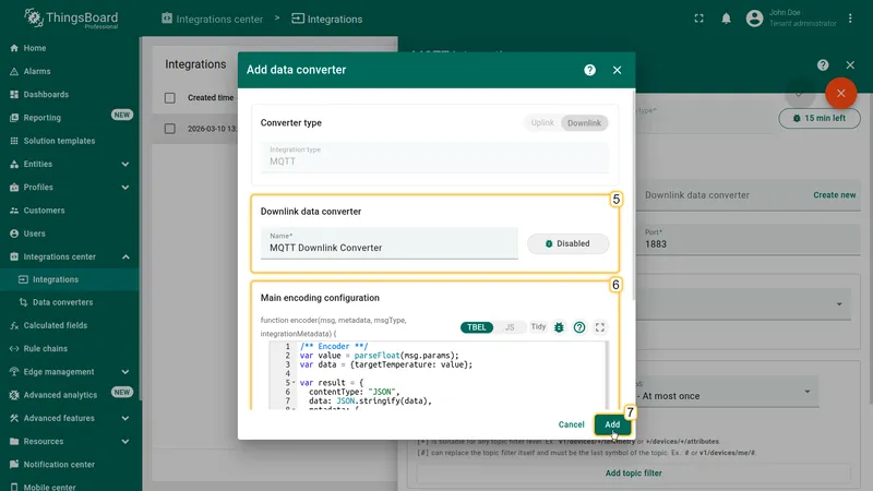 Add data converter dialog — Downlink type selected, name MQTT Downlink Converter, encoder script visible, Add button