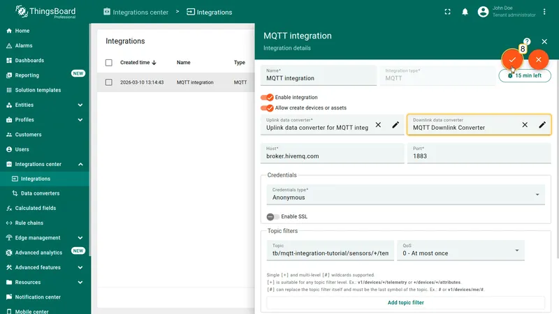 MQTT Integration in edit mode — MQTT Downlink Converter assigned in the Downlink data converter field, Apply changes button visible