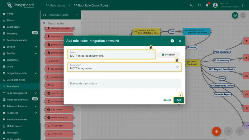 Add rule node: integration downlink dialog — Name set to MQTT Integration Downlink, Integration set to MQTT integration, Add button highlighted