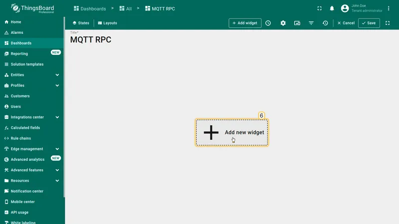 Dashboard editor — Add New Widget button highlighted