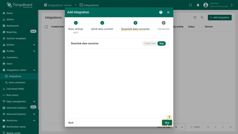 Add integration wizard — step 3 Downlink data converter: Create new and Skip buttons shown