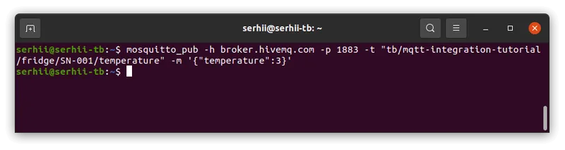 Terminal window showing mosquitto_pub command publishing temperature reading to the MQTT broker