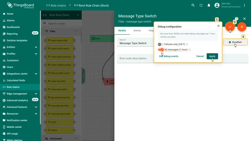 Message Type Switch node settings — Debug mode toggle enabled, showing debug recording options