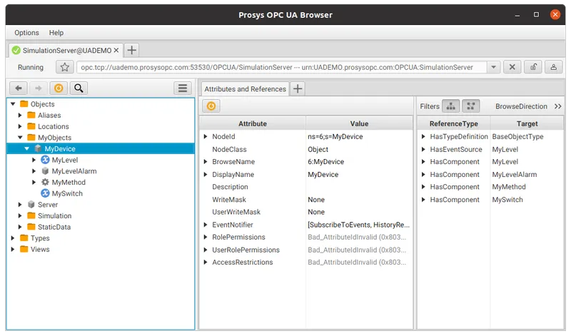 Prosys OPC UA Browser showing MyObjects > MyDevice expanded, with MyLevel, MyLevelAlarm, MyMethod, and MySwitch child nodes and the NodeId, NodeClass, and BrowseName attributes for MyDevice