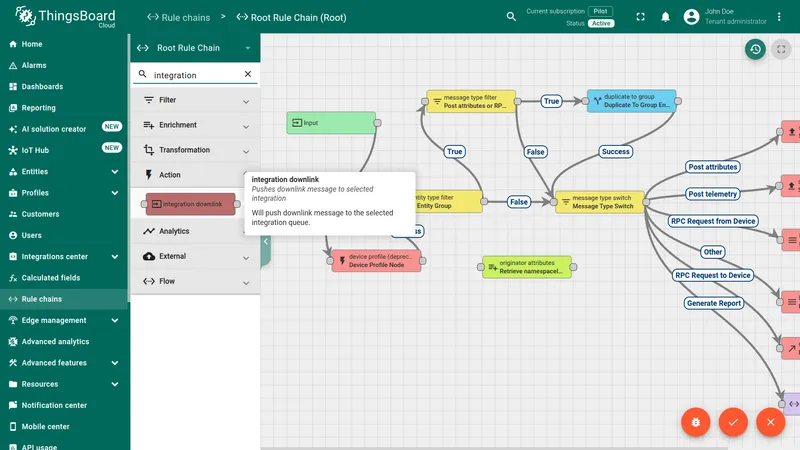 Searching for integration downlink node in the Root Rule Chain node panel