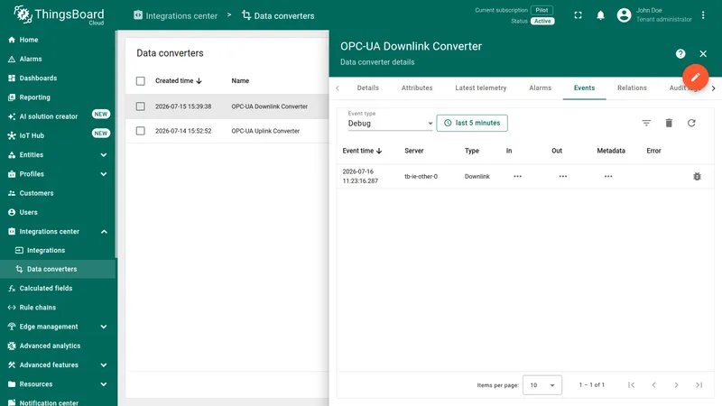 Data converters list with OPC-UA Downlink Converter selected, Events tab showing one Downlink event