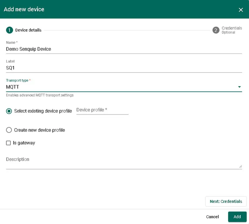 ThingsBoard add device dialog with name, label, and MQTT transport type