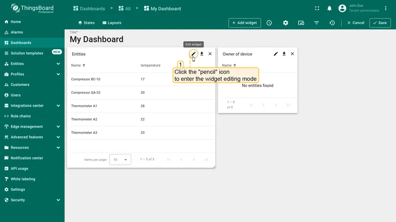 Edit entities widget