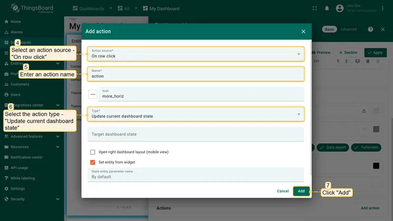 Add action dialog