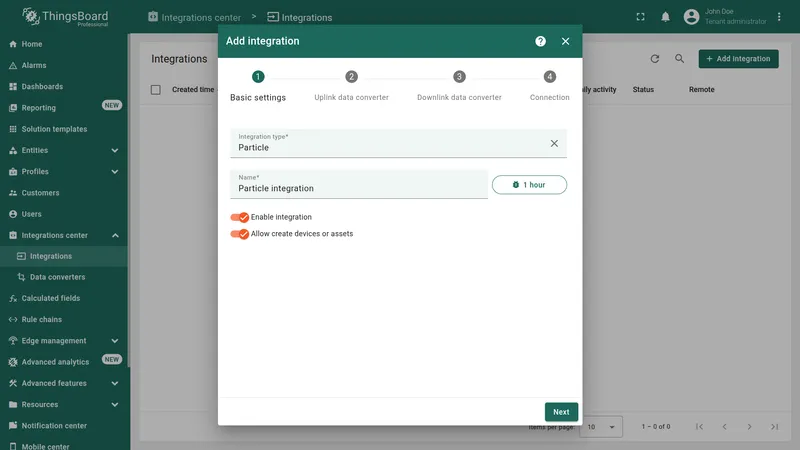 Add integration wizard — Basic settings: Integration type Particle, name Particle integration, Enable integration and Allow create devices or assets toggled on