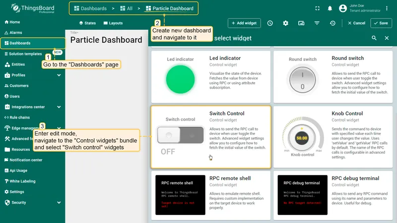 Dashboard in edit mode — Add widget panel showing Control widgets bundle with Switch Control widget highlighted