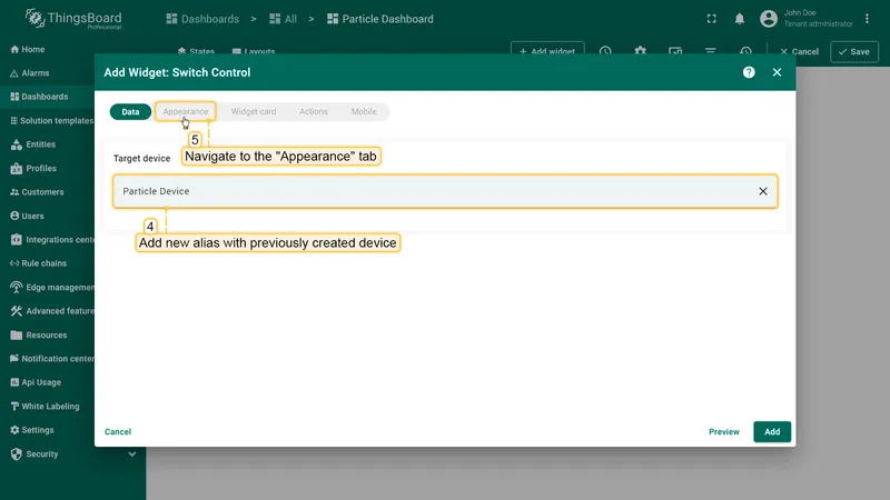 Add Widget: Switch Control — Data tab with Target device field showing Particle Device alias, Appearance tab highlighted
