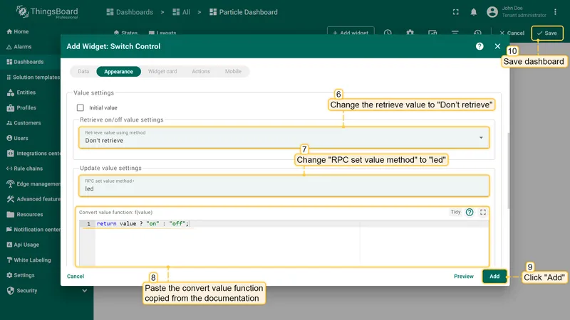 Add Widget: Switch Control — Appearance tab: Retrieve value using method set to Don't retrieve, RPC set value method set to led, Convert value function set to return value ? on : off; Add and Save buttons highlighted