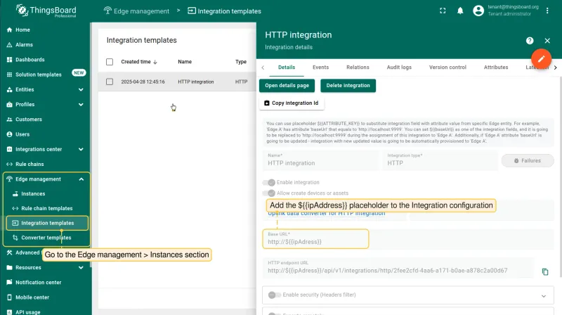 Add the ${ipAddress} placeholder to the Integration template configuration