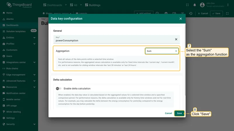 Set Sum aggregation for the powerConsumption data key
