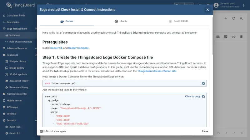 Pre-configured install and connect instructions dialog showing commands with Edge credentials pre-filled