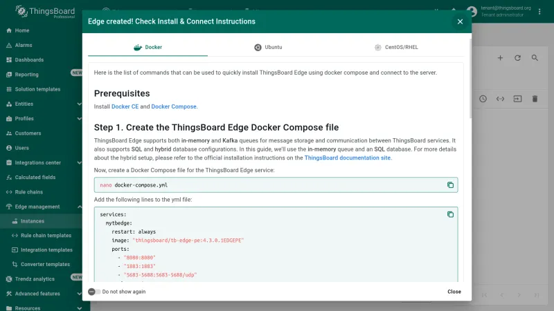 Pre-configured install and connect instructions dialog showing commands with Edge credentials pre-filled