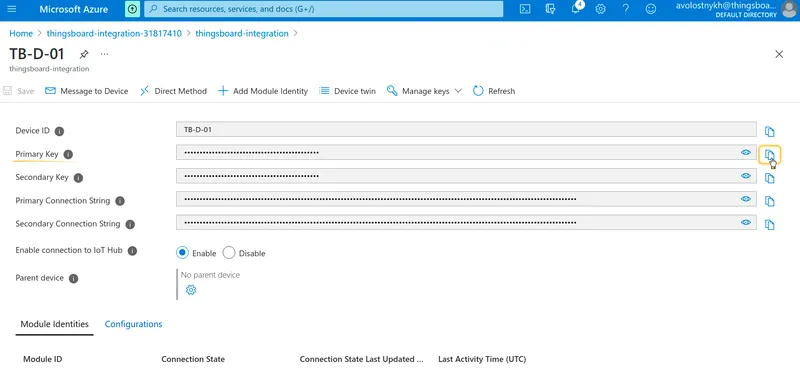 Azure IoT Hub device TB-D-01 details page showing Primary Key and Secondary Key fields with copy buttons