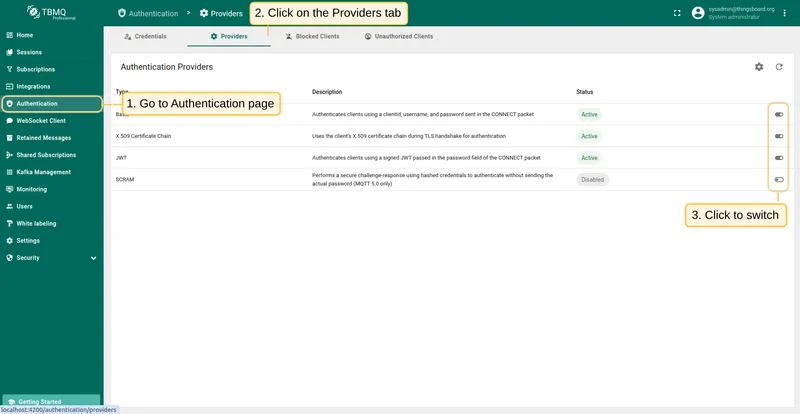 Toggle authentication provider from the Providers table
