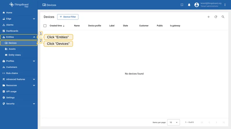 Navigate to the Devices page on the Edge instance