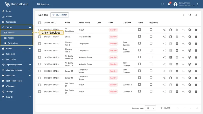 Open Devices on the ThingsBoard server