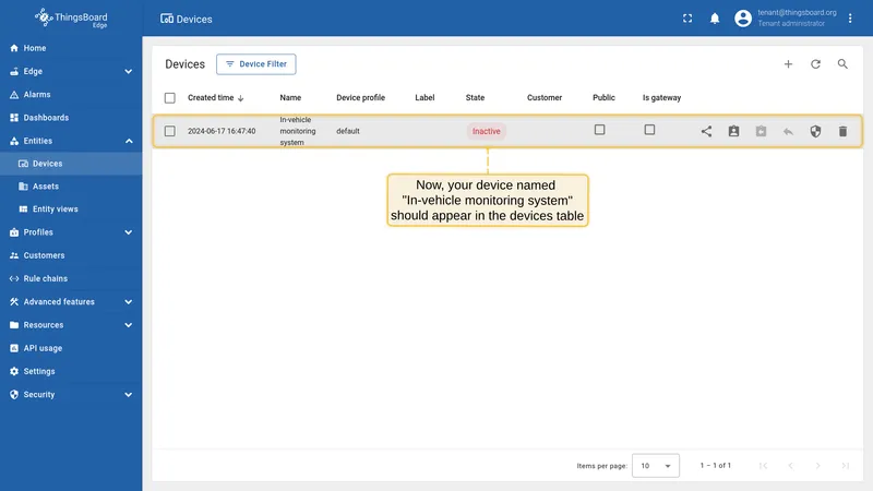 Device appears in the devices table