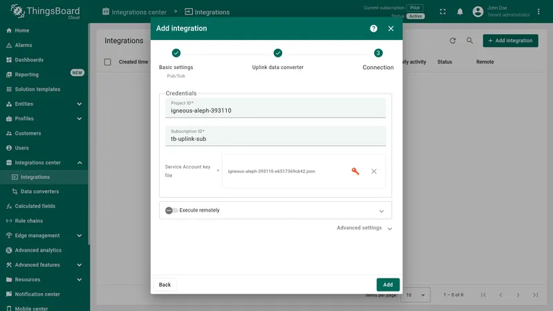 Add integration wizard — Connection step: Project ID igneous-aleph-393110, Subscription ID tb-uplink-sub, service account key file uploaded