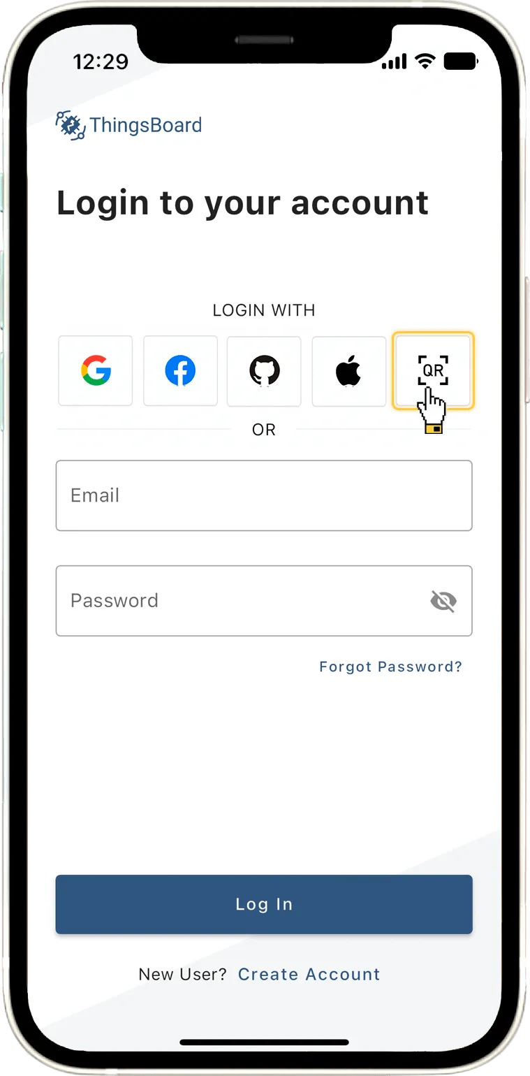 Mobile app login screen showing login options including Google, Facebook, GitHub, Apple, and a QR code icon