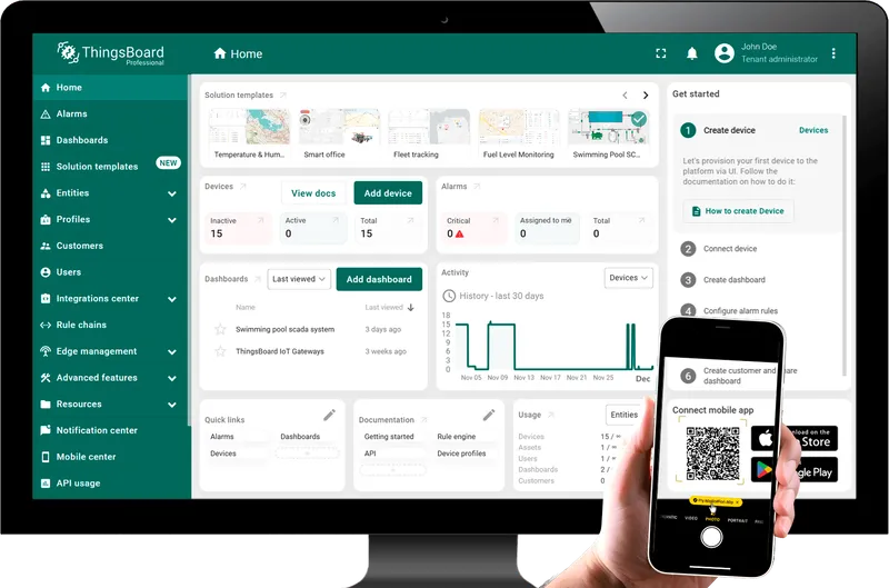 Desktop ThingsBoard dashboard alongside a hand holding a phone displaying the QR code widget