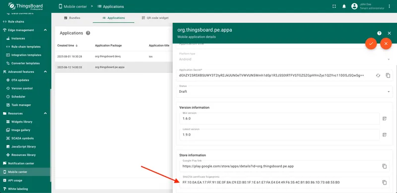 SHA-256 fingerprint field in Android app settings