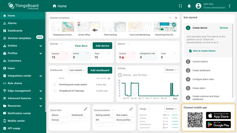 ThingsBoard Home page with Connect mobile app widget showing QR code and App Store / Google Play badges