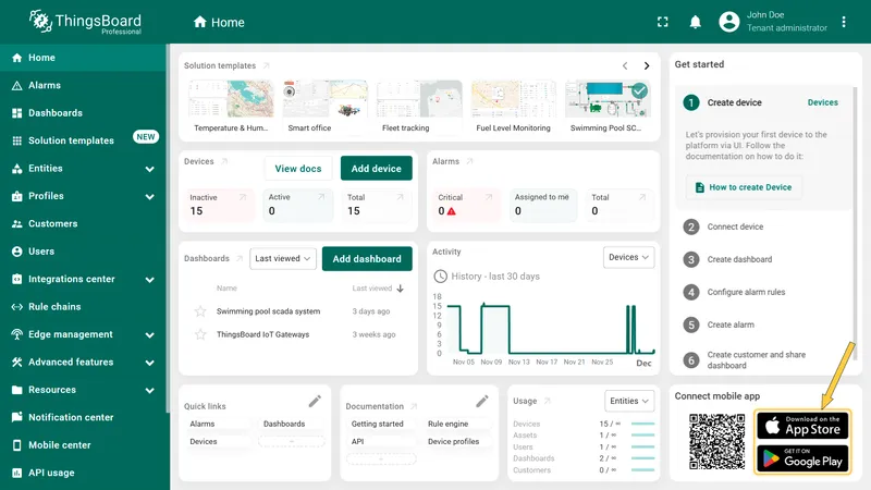 ThingsBoard Home page with App Store and Google Play buttons highlighted in the Connect mobile app widget